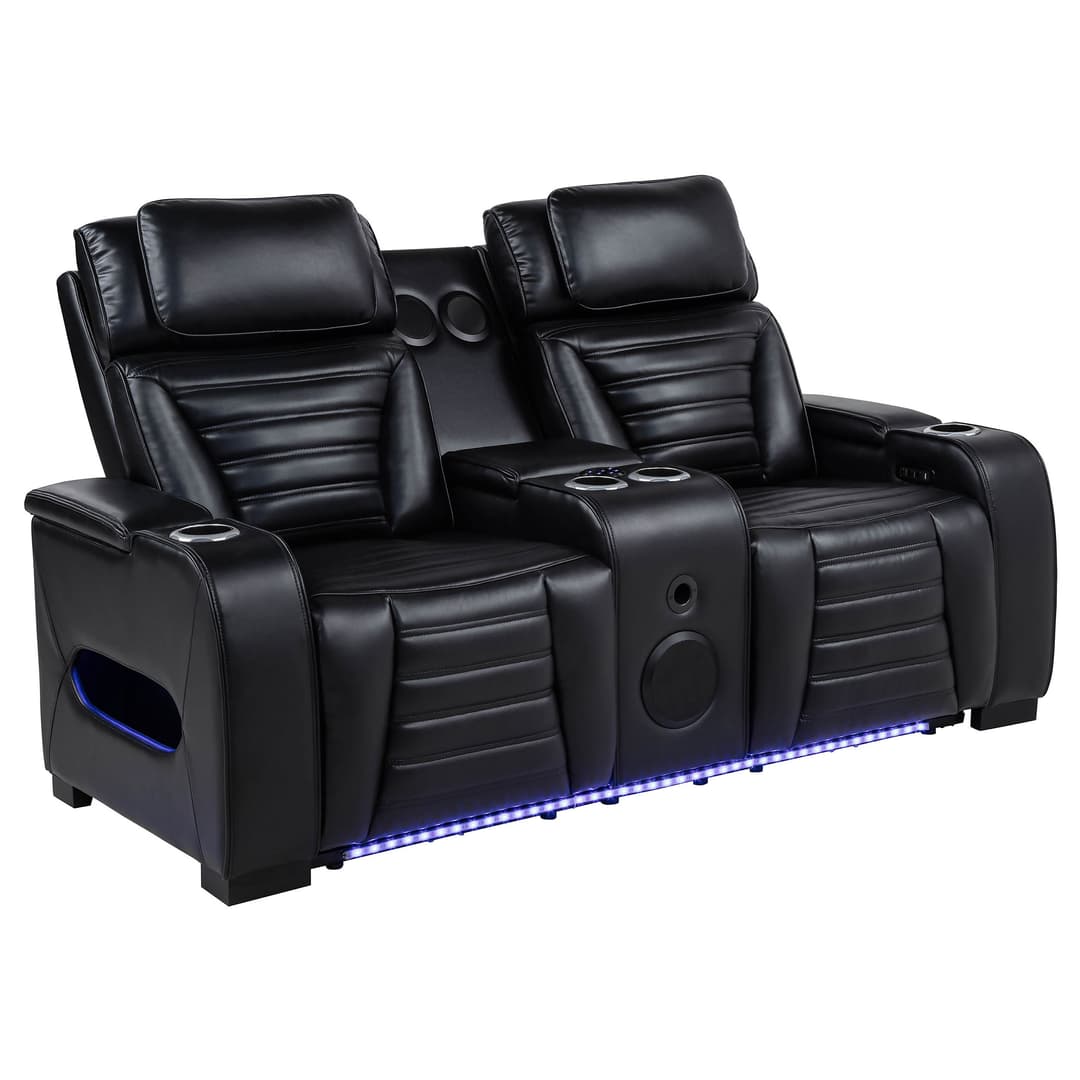 Zuma Faux Leather Dual Power Reclining LED Loveseat Black